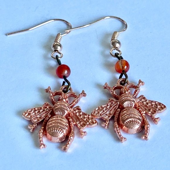 Carnelian Bead Bumble Bee Earrings Rose Gold Plated Dangle Queen Bea Orange - Picture 9 of 12